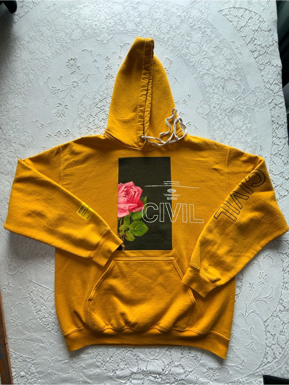 Civil Regime Rose Graphic Hoodie Mustard Yellow Unisex Men’s Medium Streetwear